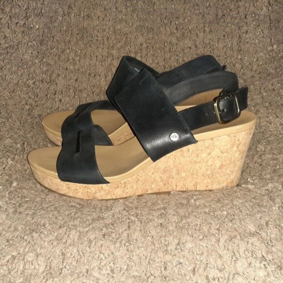 UGG-Elena II-Black Leather Platform Wedge Sandal Cork-Size 9-Excellent - Picture 2 of 8